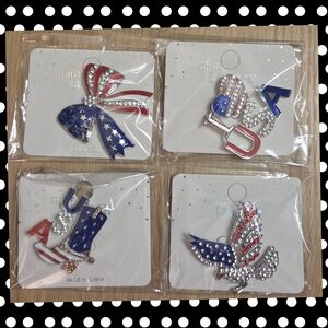 Set Of 4 Mint Patriotic Red, Blue, and Silver Brooch Set